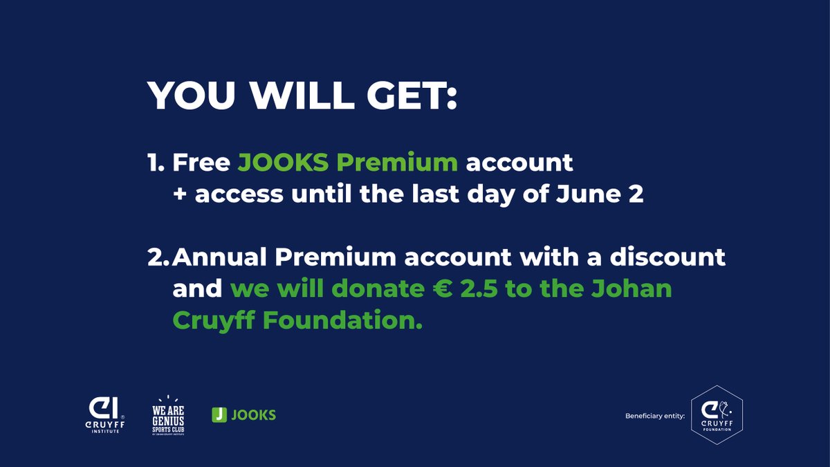 CruyffInstitute's tweet photo. The Cruyff Institute Challenge by #JOOKS starts tomorrow!
Join the challenge to raise funds for the @FundacionCruyff to facilitate access to sports and its benefits for young people with different capacities.
✍️ Register here: https://t.co/PbXOFcFnfk https://t.co/JKEB3UjjIO