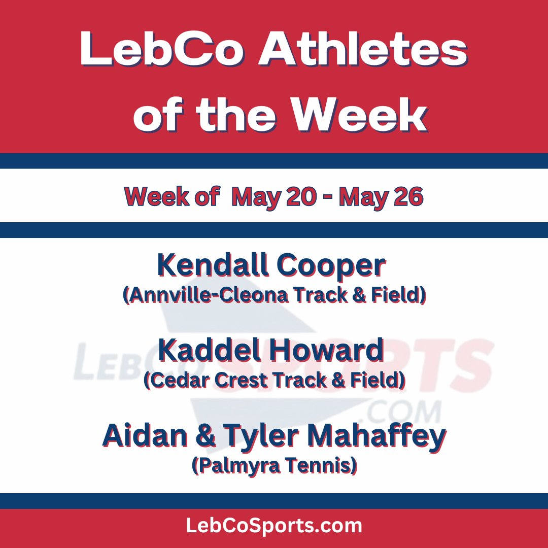 Congrats to the newest LebCo Athletes of the Week! Thank you to everyone in the LebCoSports.com community who took the time to vote for these deserving athletes.
<a href="/997WiLBur/">99.7 WiLBuR FM</a> <a href="/FroggyValley/">Froggy Valley 100.1</a> <a href="/acxcdutchmen/">ACXC</a> <a href="/CCHSFalcons/">Cedar Crest Athletics</a> <a href="/palmyrathletics/">gopalmyraathletics</a> <a href="/coach_bare/">Coach Bare</a> <a href="/Palmyra_Tennis/">Palmyra Boys Tennis</a> <a href="/acxcdutchmen/">ACXC</a>