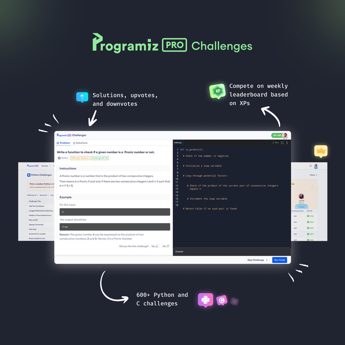 programiz's tweet image. 👀 In case you missed it…
You can now join over 900 programmers already testing their programming skills on our free Challenges platform. 🚀
On Programiz Challenges, you will:
⚡ Find over 600 Python and C challenges to make you sweat no matter how good you are
🎯 Compete…