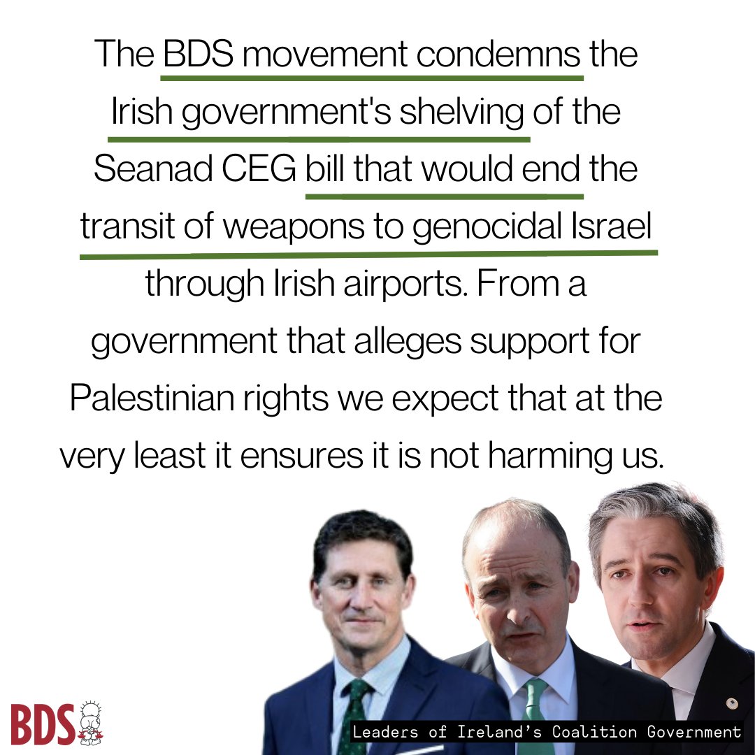 The BDS movement condemns the Irish government's shelving of the Seanad CEG bill that would end the transit of weapons to genocidal Israel through Irish airports. From a government that alleges support for Palestinian rights we expect that at the very least it ensures it is not