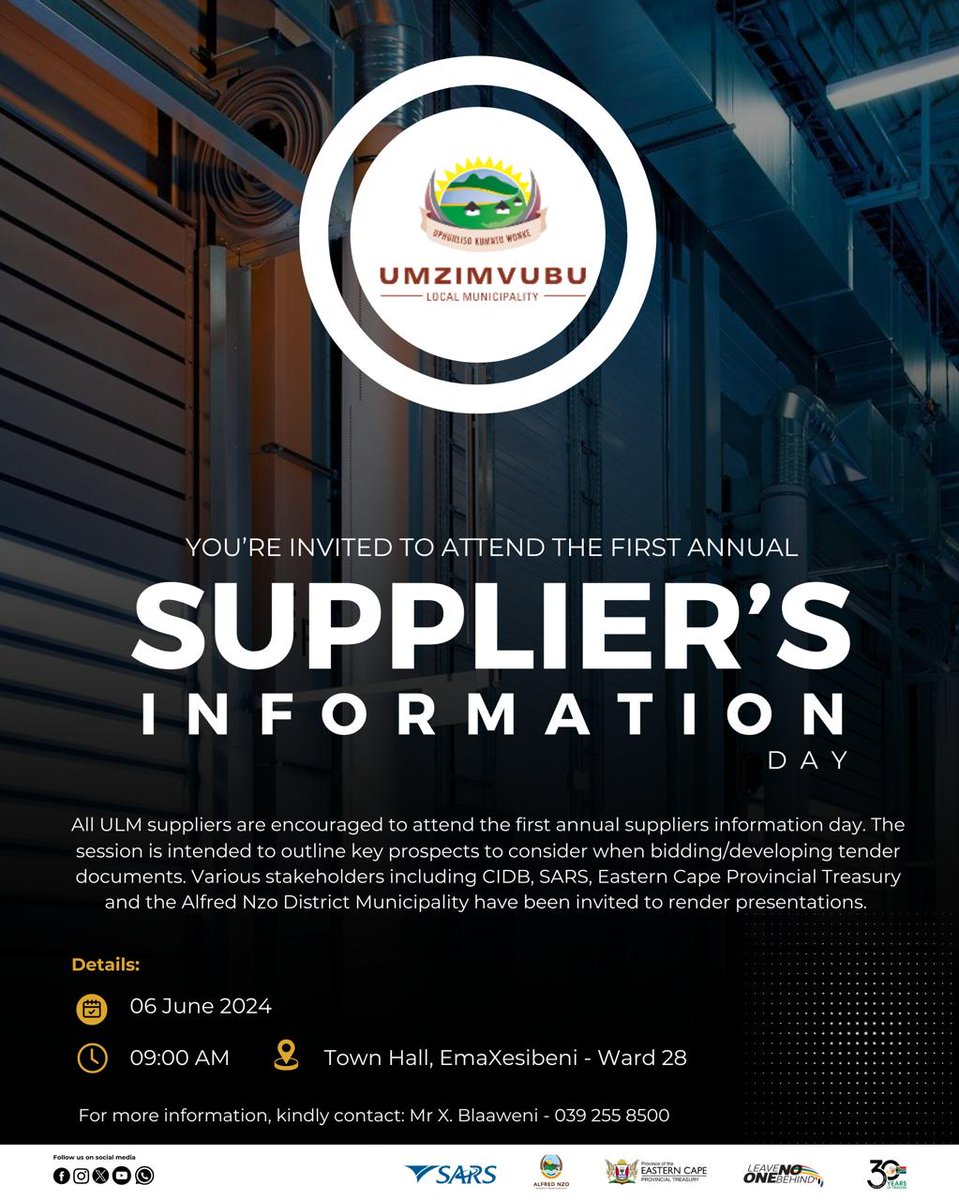 All ULM suppliers are encouraged to attend the first annual suppliers information day on the 6th of June 2024 at EmaXesibeni Town Hall. 

#UmzimvubuLM
#BuildingTheEasternCapeWeWant
#UphuhlisoKumntuWonke
#AsimangaSiyasebenza
#SuppliersDay