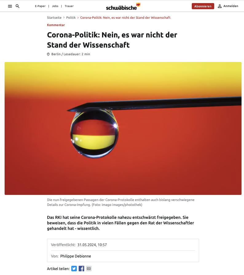 PDebionne77's tweet photo. Corona-Politik: Nein, es war nicht der Stand der Wissenschaft

"Die RKI-Protokolle lesen sich wie ein Best of Verschwörungstheorien!"

Die jetzt freigegebenen #RKI-Protokolle beweisen: Die Politik ignorierte wissenschaftliche Erkenntnisse eiskalt, wenn sie nicht in die harsche Alles-dicht-Machen-Agenda passte. Und mehr noch: Sie denunzierte, diffamierte und framte Kritiker als Lügner, als Schwurbler und - natürlich - als Rechte. Oder auch gleich ganz als Nazi. Über Monate und Jahre wurde der Gesellschaft (Achtung, Wortwitz) eingeimpft: Querdenker - igitt! Mit denen spielt man nicht.

Und jetzt das! Jetzt lesen sich die RKI-Protokolle doch tatsächlich wie ein Handout für Berufsschwurbler, wie ein Best of Verschwörungstheorien! Jeder kann (und sollte!) hier in den Originaldokumenten nachlesen, was die @rki_de -Experten wirklich sagten, worüber sie diskutierten, was sie anzweifelten. Nur Mut, es ist wirklich spannend. Auszüge gefällig?

Bitteschön: Da heißt es „Kritisch diskutiert wird Maskenpflicht für Grundschüler, evtl. Langzeitfolgen“ oder auch „Das dauerhafte/ vermehrte Tragen von Masken kann auch Schaden bringen“. Genauso findet sich in den Schwurbel..., pardon, RKI-Protokollen die Aussage: "RKI hat von Anfang an gesagt, dass Masken zum Fremdschutz sinnvoll sein können, es sollte keine Empfehlung für die Gesamtbevölkerung werden."

Na, wurde es ja auch nicht: Statt einer „Empfehlung“ beschloss man lieber gleich, das ganze Land per Gesetz zum Tragen einer Maske zu zwingen, auch im Freien.

Noch ein ganz besonderes Schmankerl: In den Files steht mit Datum vom 8. Januar 2021 (wohlgemerkt NACH Beginn der ersten großen Impfkampagne) beruhigenderweise auch: "Impfstoffwirkung ist noch nicht bekannt". Nur vier Wochen später waren rund 2 Millionen Menschen in Deutschland geimpft, weitere vier Wochen später waren es bereits über fünf Millionen. Trust the science!

Nun, welche Lehren kann man daraus ziehen? Bei mir zumindest gehen künftig alle Alarmglocken an, wenn Nicht-Wissenschaftler und Politiker jegliche Kritik an ihrem Handeln mit dem Argument "Es ist der Stand der Wissenschaft" abbügeln wollen. Wir sollten stattdessen scharf darauf achten, dass die wissenschaftliche Diskussion das Maß aller Dinge ist. Immer und überall. Völlig egal, ob der Regierung das in die politische Agenda passt oder nicht.

⬇️Mein Kommentar in der @Schwaebische n Zeitung⬇️
https://t.co/mnw8vY4XdU
