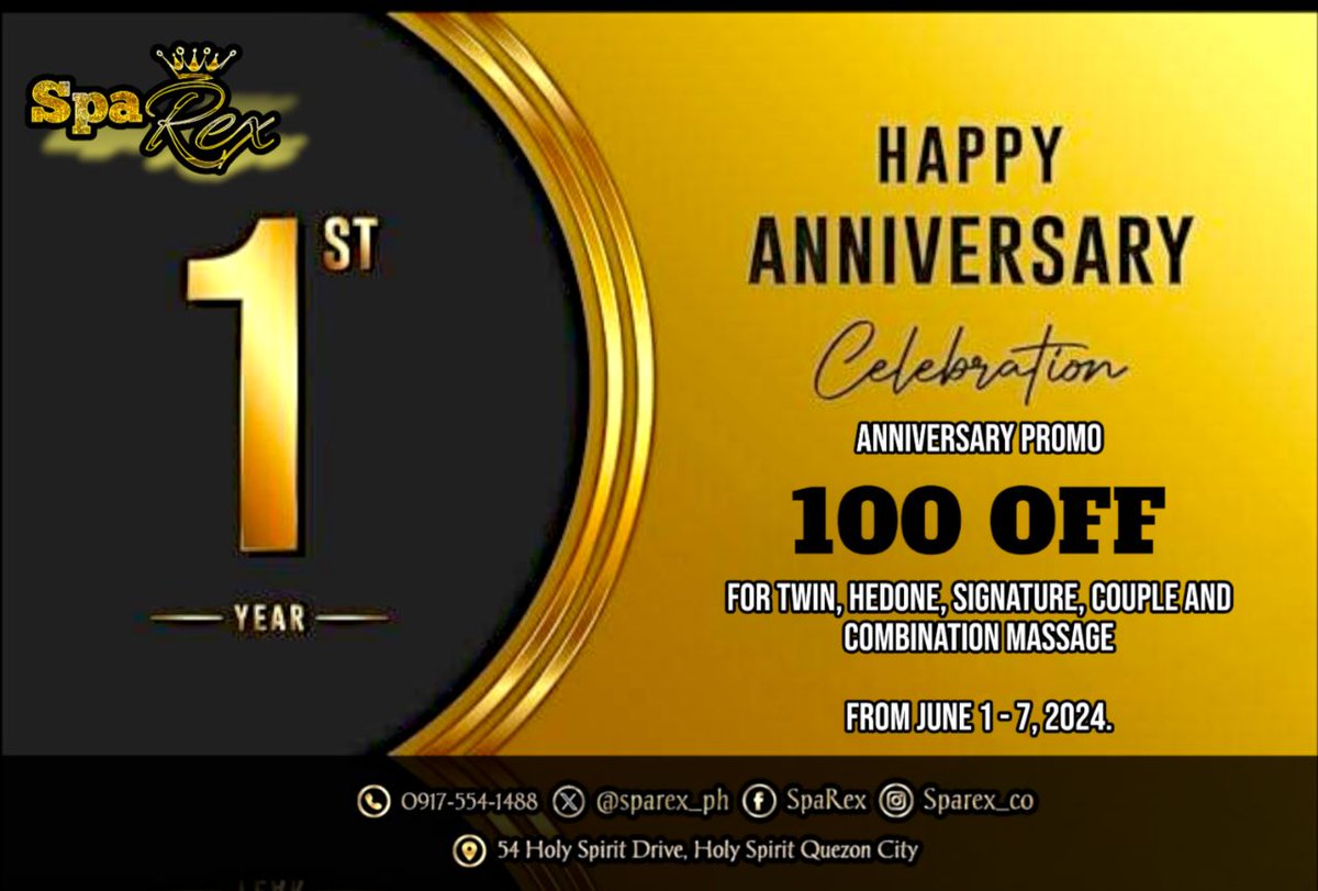sparex_ph's tweet photo. 1 YEAR ANNIVERSARY PROMO!

Come celebrate our 1st Anniversary with us!

We are giving a 100pesos discount for one regular massage as a token of our gratitude.

Promo is from June 1 to June 7, 2024

For inquiries please contact us
:09175541488
FB: SpaRex 
IG: Sparex_co
X:sparex_ph https://t.co/Z35ts9hnE8