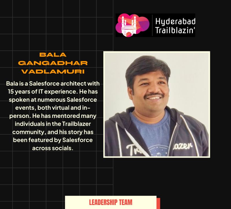 Hyderabad Trailblazin' (@hydtrailblazin) on Twitter photo Meet our #HydTrailblazin' Leadership Team!
Meet Bala Gangadhar Vadlamuri, Procurement Head at Hyderabad Trailblazin', Technical Lead at <a href="/MegnityTech/">Megnity Technologies</a> & Community Group Leader of Salesforce Non-Profit User Group, Hyderbad, India.
Connect with him <a href="/BalaVadlamuri/">Bala Gangadhar Vadlamuri</a>
<a href="/SFIndNonprofit/">SFIndia Nonprofit UG (Salesforce)</a> Meet our #HydTrailblazin' Leadership Team!
Meet Bala Gangadhar Vadlamuri, Procurement Head at Hyderabad Trailblazin', Technical Lead at <a href="/MegnityTech/">Megnity Technologies</a> & Community Group Leader of Salesforce Non-Profit User Group, Hyderbad, India.
Connect with him <a href="/BalaVadlamuri/">Bala Gangadhar Vadlamuri</a>
<a href="/SFIndNonprofit/">SFIndia Nonprofit UG (Salesforce)</a>