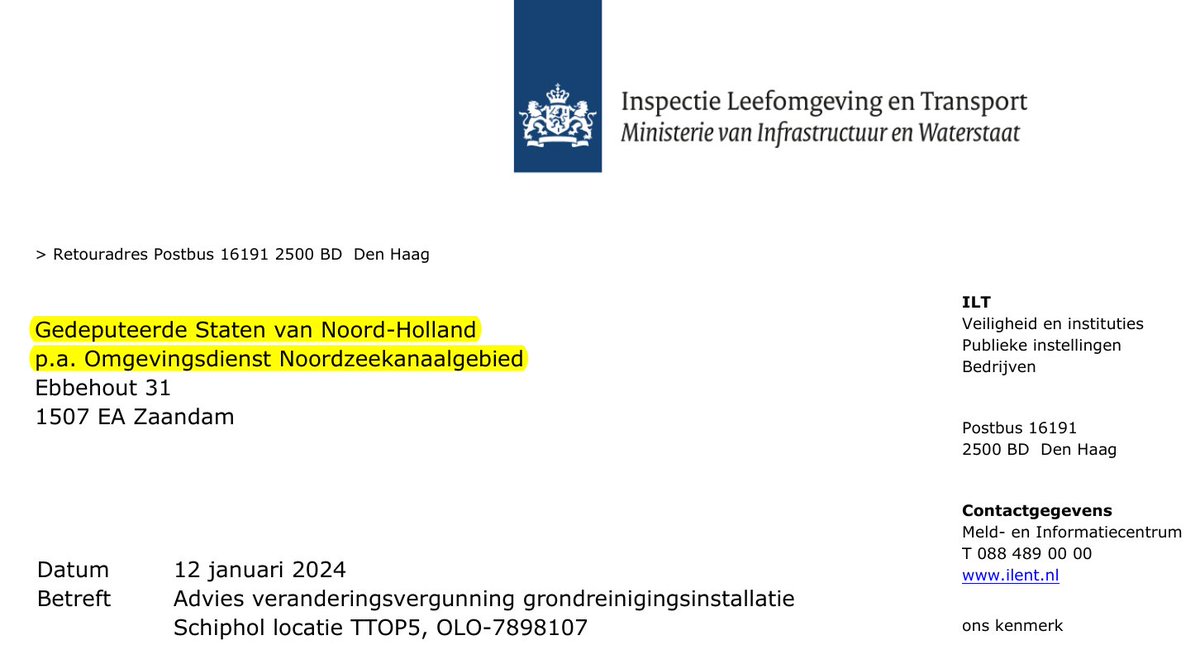 Na een WOO-verzoek (ingediend in oktober vorig jaar), ontvingen we vandaag een aantal interessante documenten over de in aanbouw zijnde #PFAS-gifwasinstallatie van @Schiphol. Waaronder een advies van @InspectieLenT. 1/9 🧵