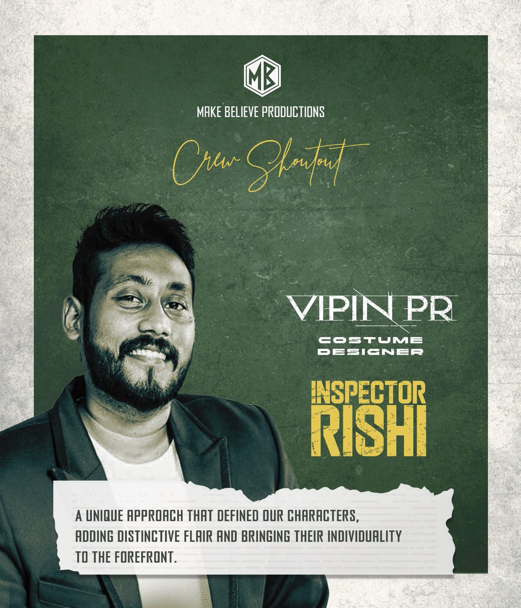 Make Believe Productions (@mbp_prodco) on Twitter photo Giving life to characters in their style. Thanking our Costume Designers #PoorthiPravin & #VipinPR.
- Team #InspectorRishi
#InspectorRishiOnPrime <a href="/Naveenc212/">Actor Naveen Chandra</a> <a href="/TheSunainaa/">Sunainaa</a> <a href="/nandhini_js/">Nandhini JS</a> @shukdev_lahiri @jithinthorai #BargavSridhar Giving life to characters in their style. Thanking our Costume Designers #PoorthiPravin & #VipinPR.
- Team #InspectorRishi
#InspectorRishiOnPrime <a href="/Naveenc212/">Actor Naveen Chandra</a> <a href="/TheSunainaa/">Sunainaa</a> <a href="/nandhini_js/">Nandhini JS</a> @shukdev_lahiri @jithinthorai #BargavSridhar