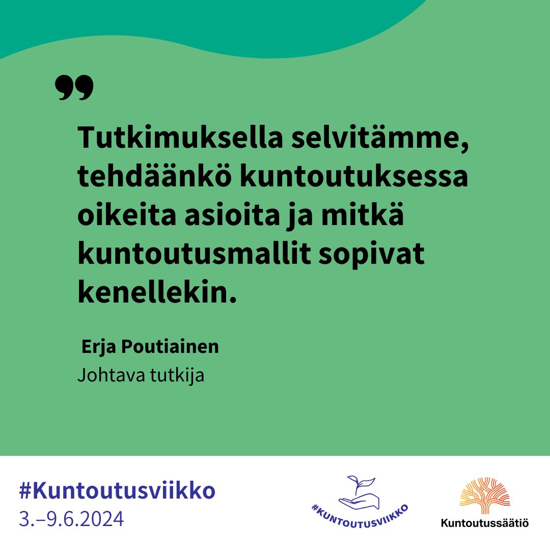 Kuntoutussäätiössä toteutetaan tieteellisiä tutkimuksia, jotka hyödyttävät suoraan käytännön kuntoutustyötä. Tutkitusti toimiviksi osoitetut työtavat tuottavat pitkäaikaisia hyötyjä.

Lue lisää kuntoutuksen tutkimuksesta 💛kuntoutussaatio.fi/ajankohtaista/…
#Kuntoutusviikko #vaikuttavuus