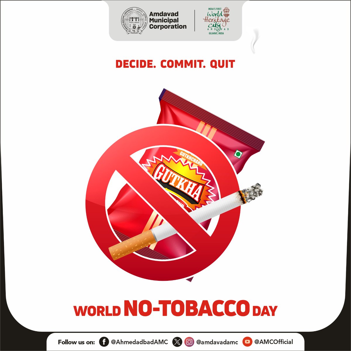 Take the first step towards a healthier, brighter future. Say no to cigarettes and gutkha. Say yes to life!

#AMC #amcforpeople #WolrdNoTobaccoDay #ahmedabad #municipalcorporation