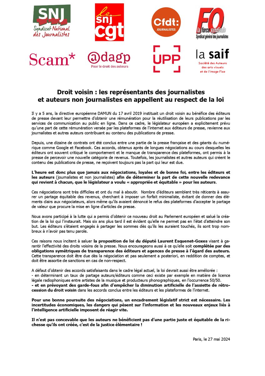[Communiqué : #Droitvoisin] Nous en appelons au respect de la loi pour assurer un partage équitable de la valeur entre les éditeurs de presse et les auteurs et autrices. <a href="/SNJ_national/">SNJ - premier syndicat de journalistes</a> <a href="/SnjCgt/">SNJ-CGT (rejoignez-nous !)</a> <a href="/USJCFDT/">CFDT Journalistes</a> <a href="/FOjournalistes/">SGJ-FO Journalistes</a> <a href="/webscam/">La Scam</a> @ADAGP <a href="/UPPphoto/">Union des Photographes Professionnels</a> #LaSAIF
saif.fr/news/actualite…