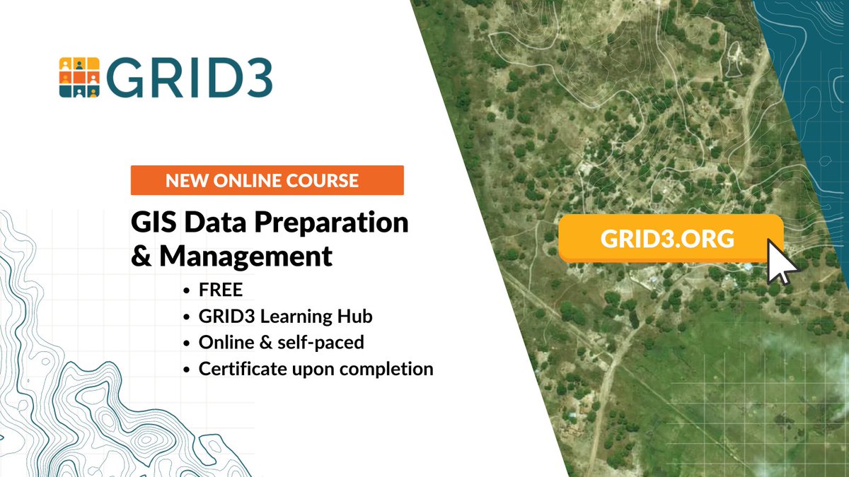 Want to learn about best practices for #GIS data preparation & management? Enroll in our course on the GRID3 Learning Hub! Capacity strengthening is integral to GRID3’s approach toward sustainable #geospatial solutions for #health outcomes. 
Register👉 bit.ly/3TNpykZ