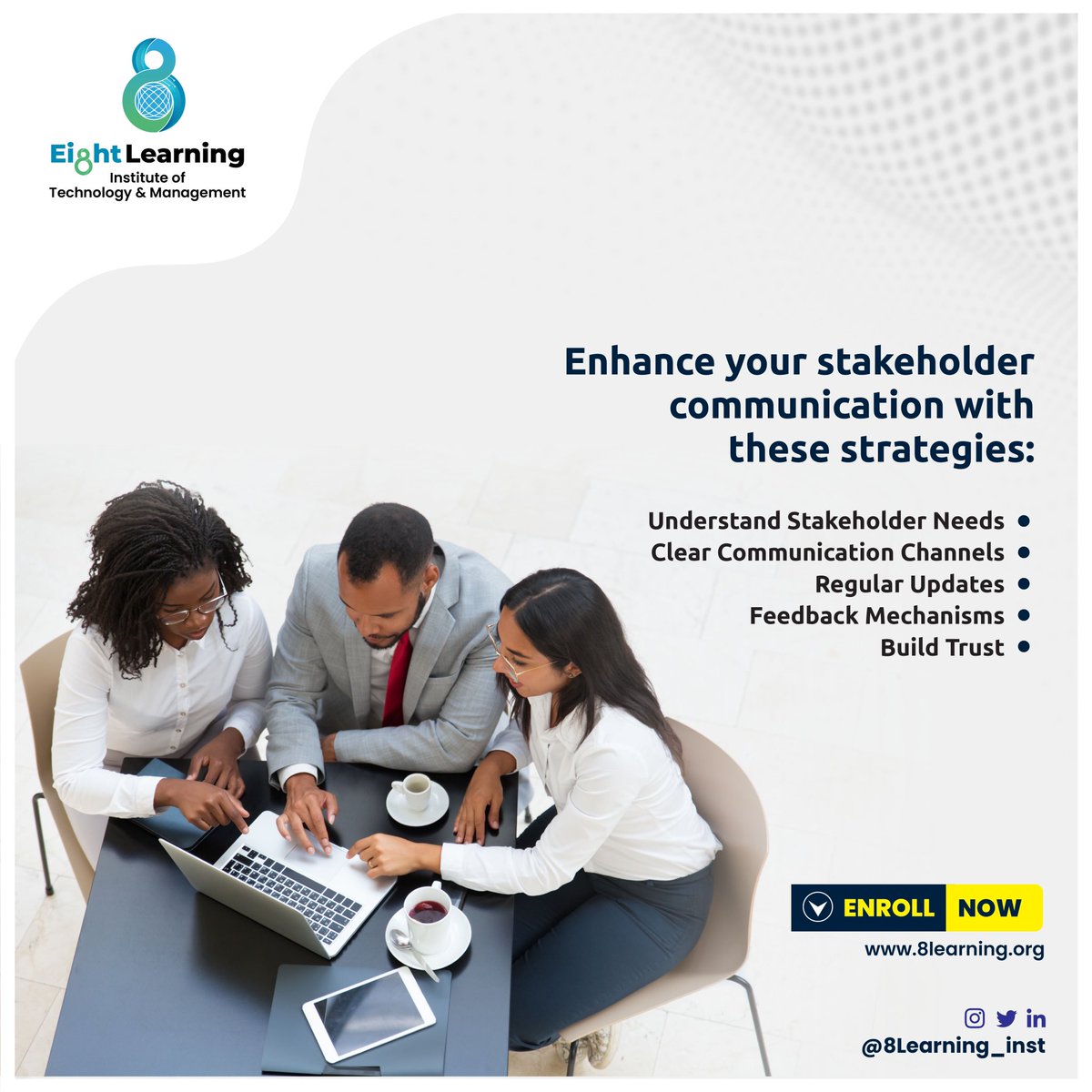 Master stakeholder communication for project success with these strategies:
📍 Understand their needs
📍 Use clear channels
📍 Feedback loops
📍 Regular updates
📍 Build trust

For more insights, sign up for our Stakeholder Management course here 👉🏾 bit.ly/8tech3