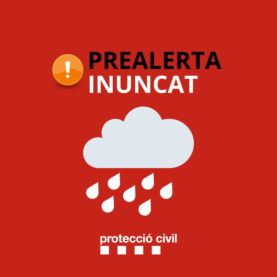 Prealerta #INUNCAT 🌧️
El @meteocat informa que aquesta tarda es poden superar els 20 mm / 30 minuts a comarques del Pirineu i Prepirineu oriental, a la Plana de Vic, i al Prelitoral i Litoral nord del país.

❗ Compte! Seguiu les previsions i eviteu desplaçaments.