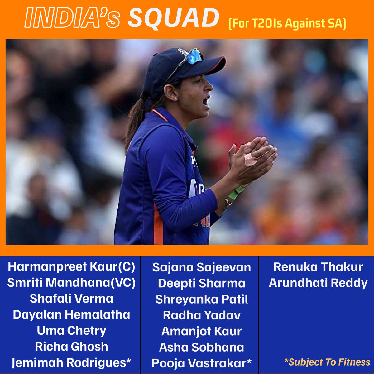 India’s T20I squad for the series against South Africa 🇮🇳 🇿🇦 

@BCCIWomen #HarmanpreetKaur #IndianCricketTeam #CricketTwitter