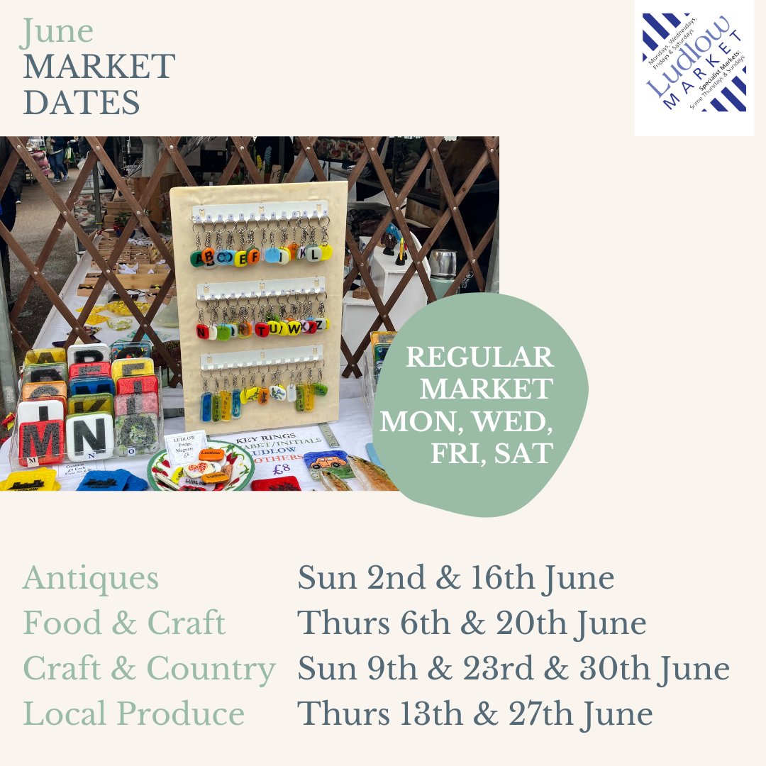 📅 Mark your calendars! 🗓️ Our June market dates are here ☀️ Get ready for a fantastic month filled with mouth-watering food and unique crafts with regular stalls Monday, Wednesday, Friday and Saturday. 

#Ludlowmarket #visitludlow #visitludlowmarket #loveludlow