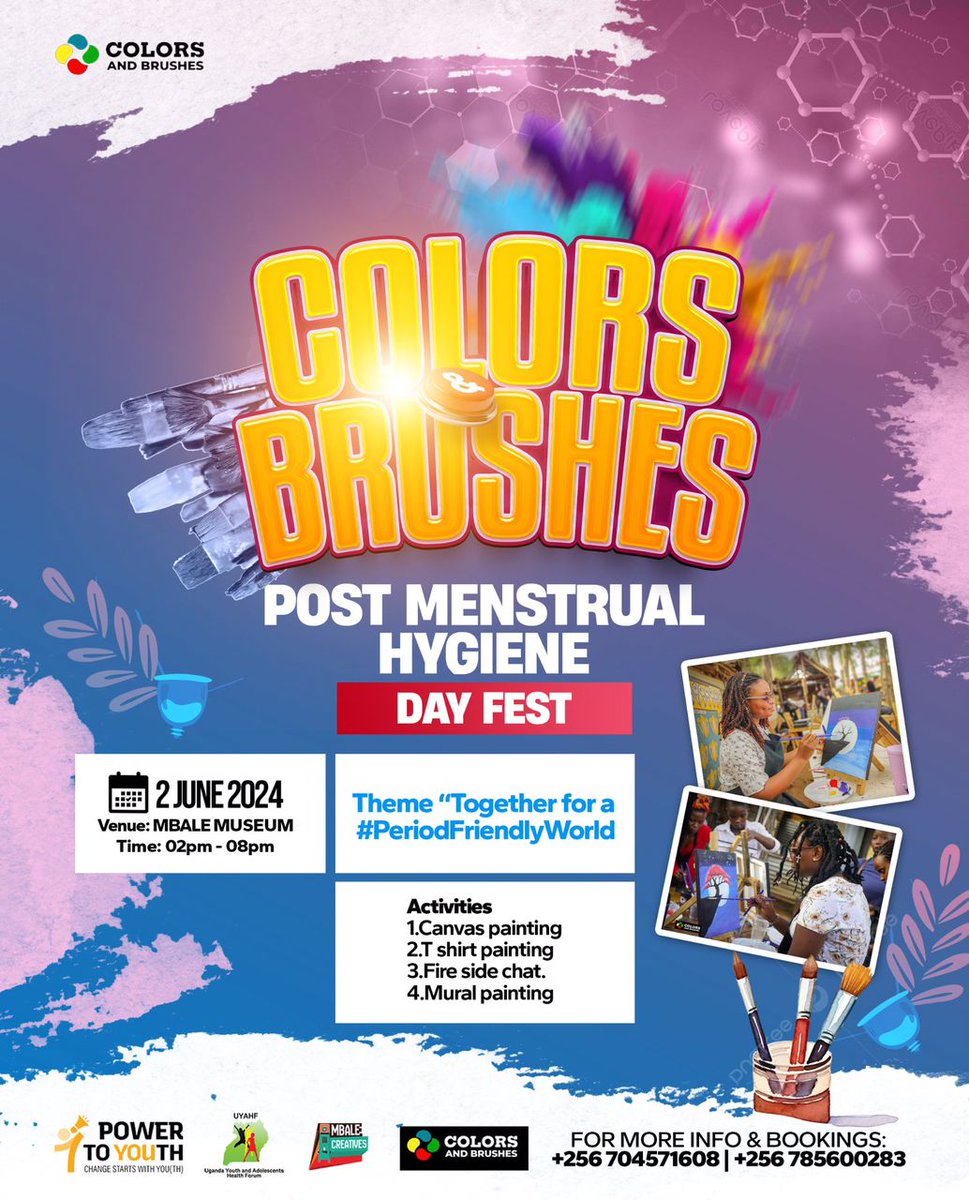 #MHDay2024 Wrap-up:
This Sunday, we got to beautify #Periods🩸.   
Under the @powertoyouthug program, we are excited to be taking part in the Colors and Brushes Post Menstrual Hygiene Painting and Mural Fest in Mbale at the Mbale Cultural Museum.  Young people, @pty advocates