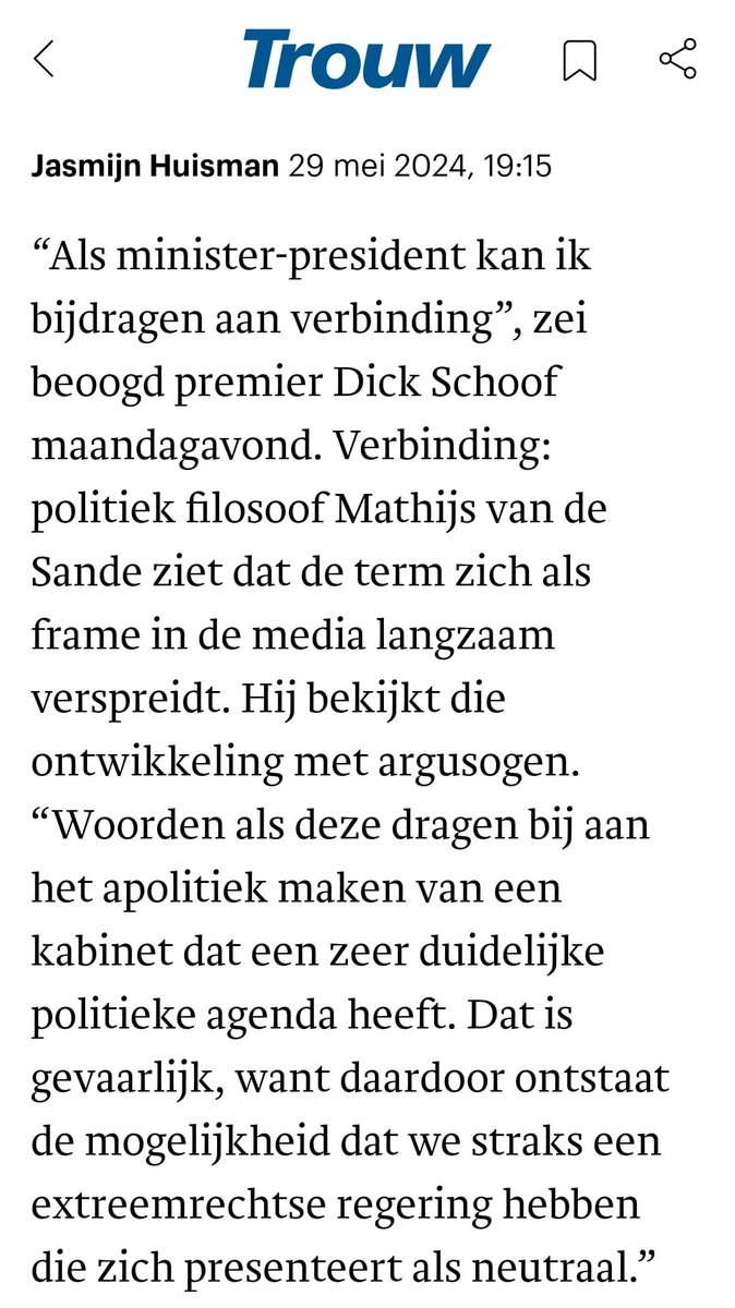 NeoFascisme1 dient 'genormaliseerd' te worden. @PieterOmtzigt spreekt zich ondubbelzinnig níet uit en laat PVV'ers en BBB'ers hun ding doen. @DilanYesilgoz laat opportunistisch haar achterban bevredigen. Als daarin iets misgaat doet ze een Wildersje: 'anderen de schuld geven'.