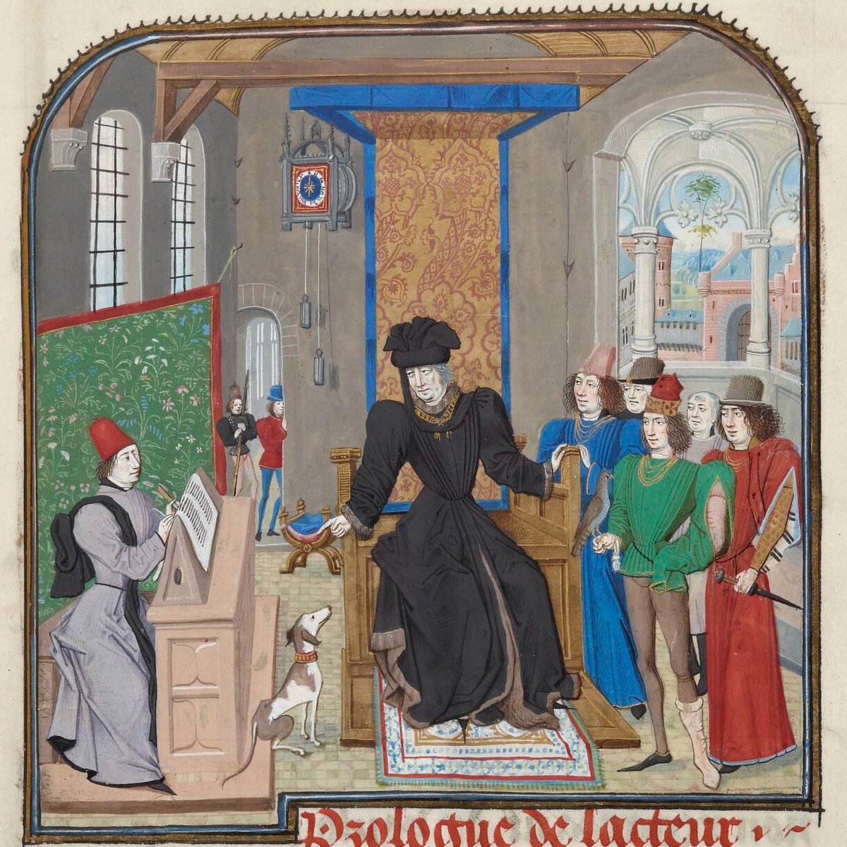 Initial page of a 15th c. copy of Philippe Camus, Histoire d'Olivier de Castille. Philip III the Good, dedicatee of the work, sits enthroned surrounded by courtiers and points to the author seated at his writing desk... or is he talking to his dog? @GallicaBnF Fr. 12574, f. 1r