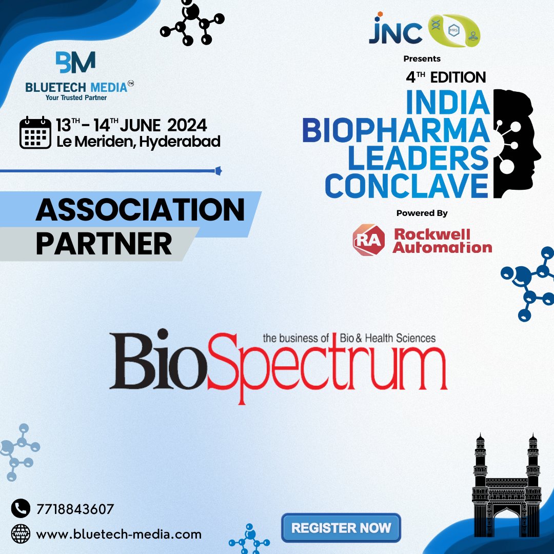 We're thrilled to announce BioSpectrum India as our Association Partner for the 4th Edition of the India Biopharma Leaders Conclave, proudly presented by M R Sanghavi & Co., powered by Rockwell Automation, and hosted by BlueTech Media™. .
Register click lnkd.in/d2T9iruW