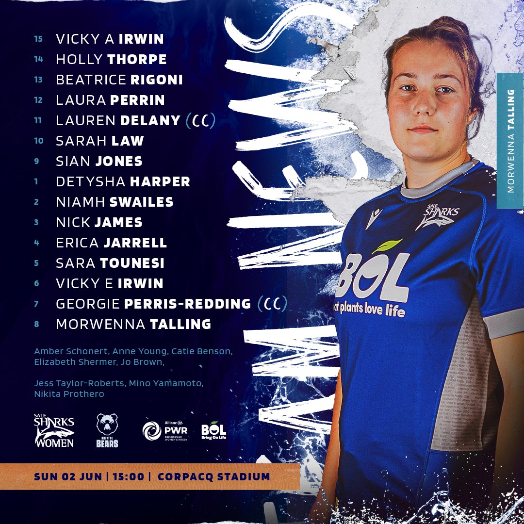 Sale Sharks Women (@salesharkswomen) on Twitter photo ๐ง๐ฒ๐ฎ๐บ ๐ก๐ฒ๐๐ | ๐ฆ ๐ ๐ป
Here's how we line up for the final match of the year. Let's bring our Northern roar to Heywood Road one last time!
โฐ Don't forget your match ticket also gets you access to a live show from <a href="/GoodScazRugby/">The Good, The Scaz And The Rugby</a> from 1:30pm before the game!
๐๏ธ Tickets ๐ง๐ฒ๐ฎ๐บ ๐ก๐ฒ๐๐ | ๐ฆ ๐ ๐ป
Here's how we line up for the final match of the year. Let's bring our Northern roar to Heywood Road one last time!
โฐ Don't forget your match ticket also gets you access to a live show from <a href="/GoodScazRugby/">The Good, The Scaz And The Rugby</a> from 1:30pm before the game!
๐๏ธ Tickets