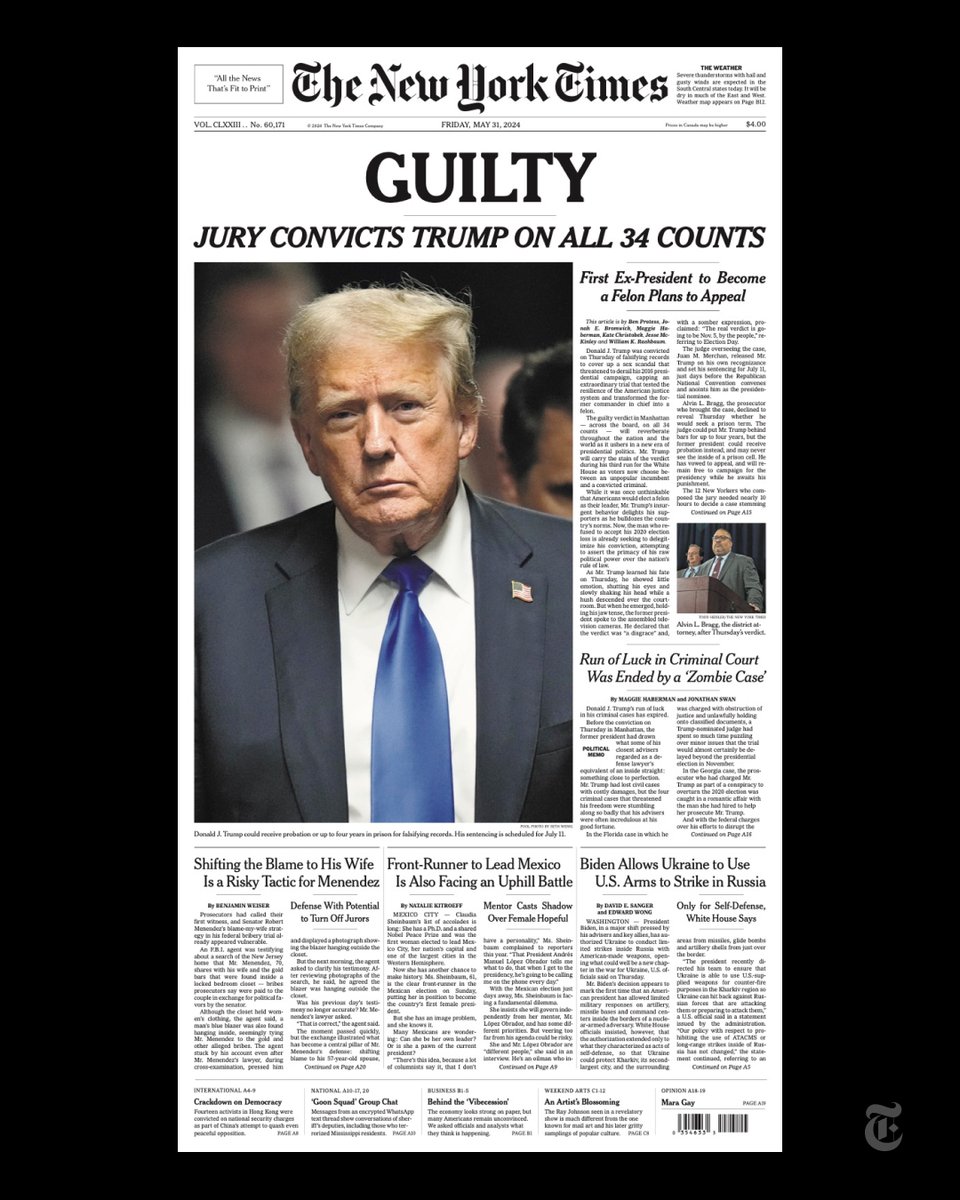 The front page of The New York Times for Friday, May 31, 2024. nyti.ms/3wOwKG6