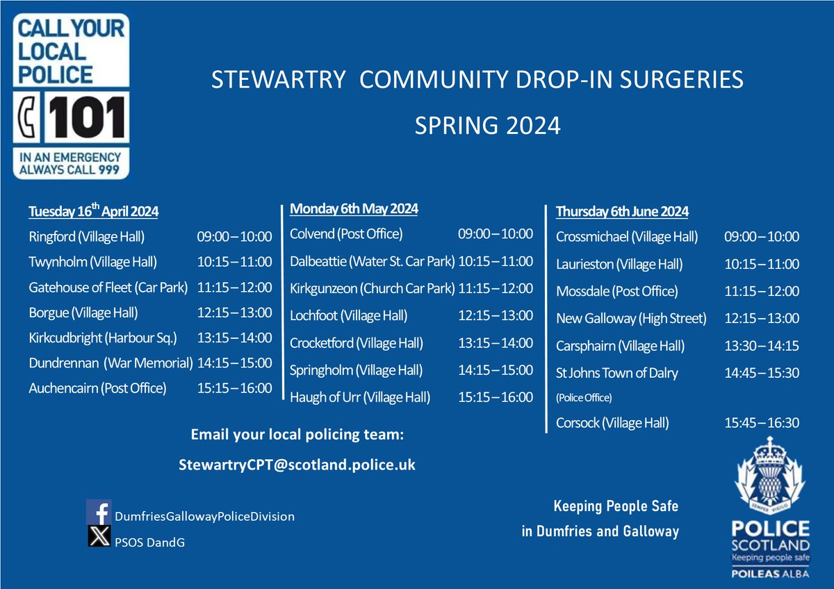 Drop-In Surgeries are being hosted in the Stewartry area. Join our Community officers at each other the locations to discuss any community related issues.

Thursday 6th June 2024: Crossmichael, Laurieston, Mossdale, New Galloway, Carsphairn,  St John's Town of Dalry, Corsock.