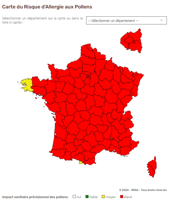 🤧 Toute la France métropolitaine est en risque "élevé" d'allergie aux #pollens de graminées.

"Toute" ? Non, un territoire breton résiste encore à l'envahisseur...