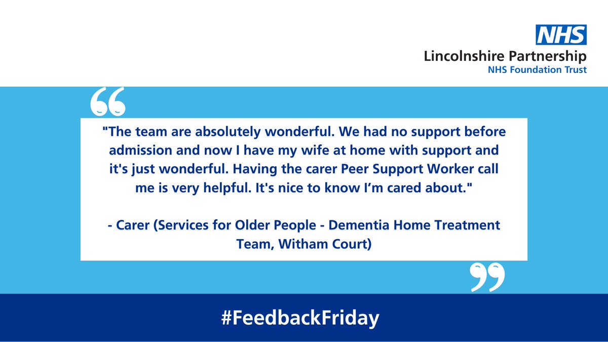 We love this feedback about our staff on our Dementia Home Treatment Team based in Witham Court, Lincoln.

View more like this on our website: bit.ly/LPFTFeedbackFr…

#FeedbackFriday #Proud 🌟