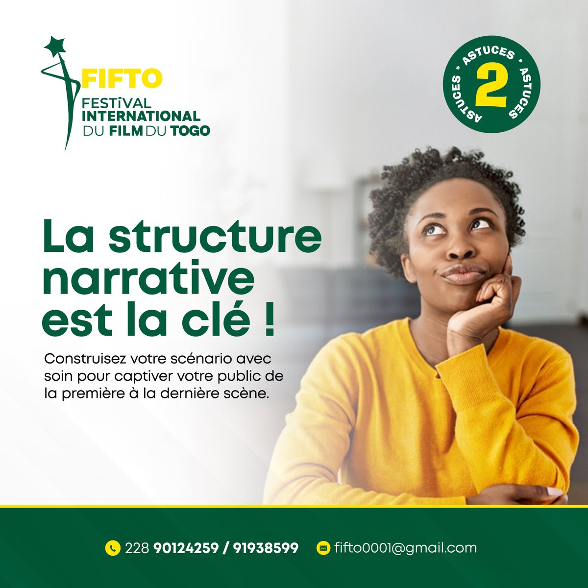 fifto_tg's tweet photo. 🌟🎬 Astuce Cinéma: La Structure Narrative ! 🎬Cette semaine, plongeons dans l'art de la narration. La structure narrative est essentielle pour captiver votre audience. Préparez votre scénario avec soin pour une expérience captivante du début à la fin ! 📜💡 #Cinéma #Narration https://t.co/NmfT71Vbxn