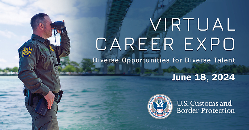 Our Virtual Career Expo is an informational recruitment event. Attend live broadcasts to hear our team share insights about life at @CBP, their duties and experiences. 

Attend live chats in job-specific booths too!

Register by June 12 - bit.ly/44YWWdx
#CBPCareers