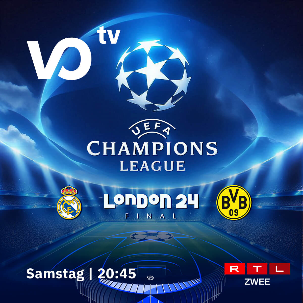 visualonline's tweet photo. ✨ Morgen steht mit dem Champions League-Finale ein absolutes TV-Highlight an! VOtv bietet euch gleich 4 Sender, die es übertragen. Egal ob RTL Zwee, TF1, RTL TVI oder RTL 7, die Wahl liegt bei euch. 
👉🏼 https://t.co/uzE9b0viB8
#ChampionsLeague #VisualOnline #Luxembourg #VOtv https://t.co/REK4wffmmV
