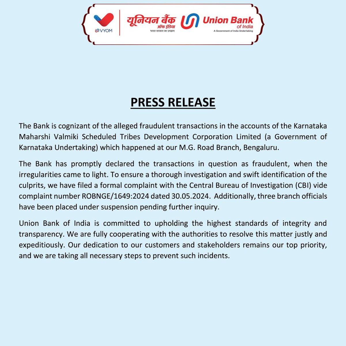 @tv9kannada The State Govt said it's a fraudulent transfer of money from Union Bank account! The state govt tried to escape by blaming the Bank!

So, Union Bank lodged a formal complaint with the CBI to investigate the fraudulent transaction!

Well done Union Bank! 👏👏👏👏