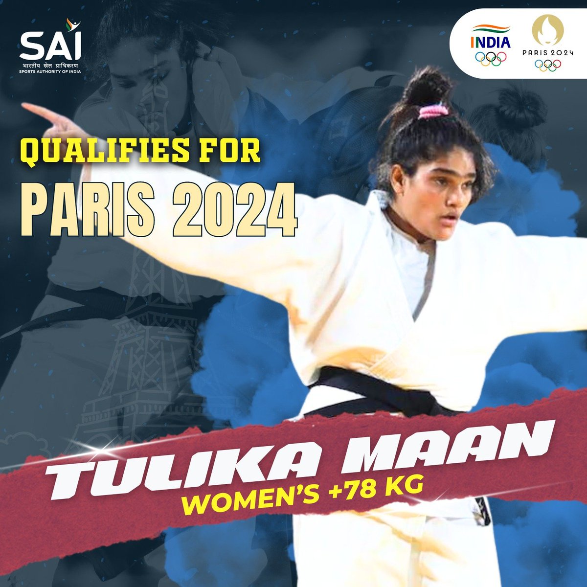 Congratulations to Tulika Maan on securing her place at the @paris2024 Olympic Games✨

➡️Tulika Maan secures an Olympic Quota for Team India in women's judo (+78kg) through the continental quota.

 #Paris2024 | @tulika_maan | #Judo🥋