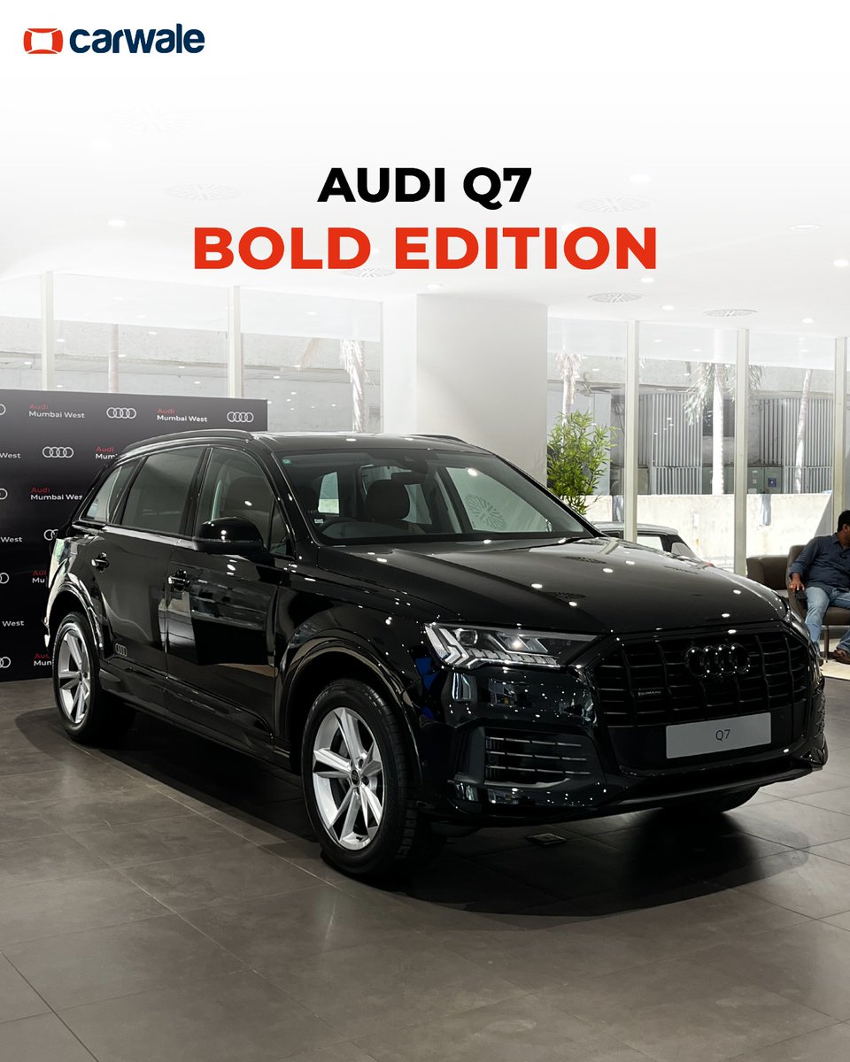 CarWale's tweet photo. The #AudiQ7BoldEdition gets a Black styling package.
- Black front grille
- Blacked-out brand logos
- Glacier White, Mythos Black, Navarra Blue &amp; Samurai Grey
- Ambient Lighting Package

#audi #q7 #audiq7 #boldedition #suv #luxurycar #cwphotos https://t.co/0eTn75BKqH