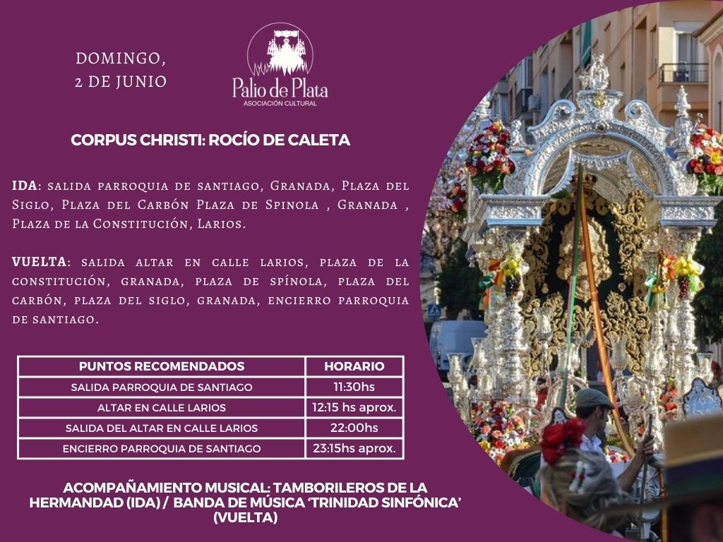 🔔🔨 Corpus Christi: Rocío de Caleta (@HdadRocioCaleta) 

📆 Domingo 2 de Junio
📍 Parroquia de Santiago (ida) / Altar de Corpus (vuelta)
🕕 11:30h. (ida) / 22:00h. aprox. (vuelta) 
🎼 Tamborileros de la Hermandad (ida) / @Banda_Trinidad (vuelta) 

#CofradíasMLG