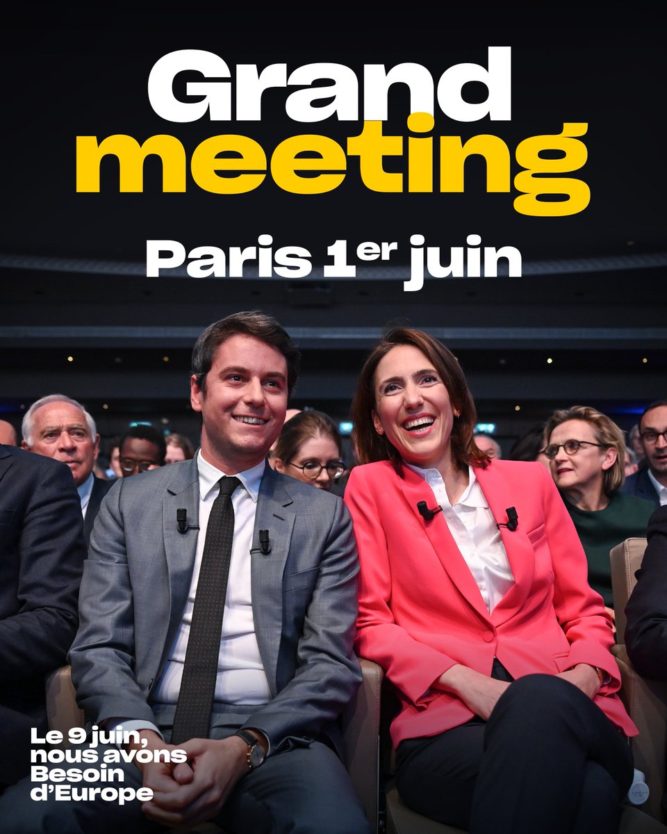 🇫🇷🇪🇺 Le dernier meeting des Européennes, c'est demain ! — @GabrielAttal sera aux côtés de Valérie Hayer et ses colistiers à Paris : il nous reste 10 jours pour mobiliser tous les électeurs Renaissance, MoDem, Horizons, UDI et Parti Radical. Le 9 juin, on vote @BesoindEurope !