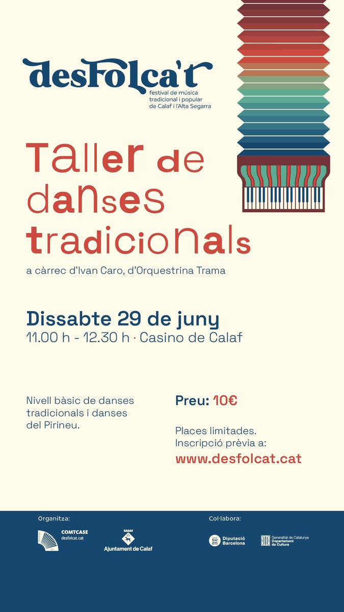 desFOLCa't! (@desfolcat) on Twitter photo Us agradaria fer un taller de danses tradicionals i del Pirineu?
No us perdeu aquest taller que ens oferirà l’Ivan Caro d’ <a href="/orques_trama/">Orquestrina Trama</a> el dissabte 29 de juny a les 11h al <a href="/CasinodeCalaf/">El Casino de Calaf</a>.
Feu la inscripció, que les places són limitades! Us agradaria fer un taller de danses tradicionals i del Pirineu?
No us perdeu aquest taller que ens oferirà l’Ivan Caro d’ <a href="/orques_trama/">Orquestrina Trama</a> el dissabte 29 de juny a les 11h al <a href="/CasinodeCalaf/">El Casino de Calaf</a>.
Feu la inscripció, que les places són limitades!