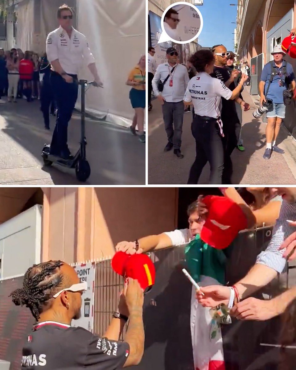 Mercedes Team Principal Toto Wolff was seen scooting past Lewis Hamilton whilst he signed Ferrari hats for fans 😅🏎️