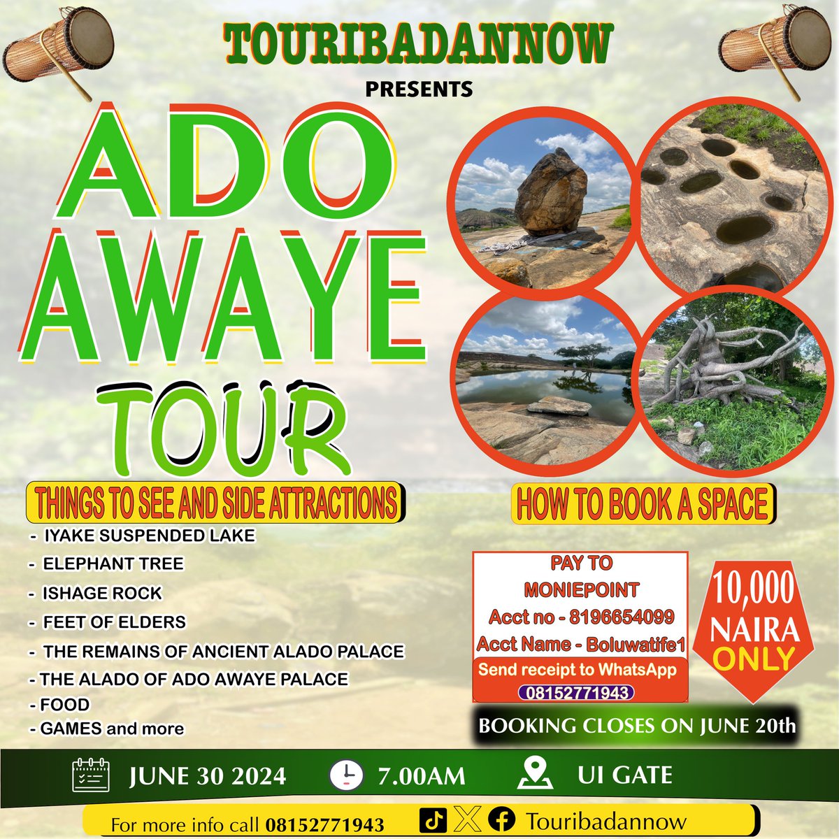 Mention 10 fun places in Ibadan and win 1k airtime. Also use the hashtag #TourAdoAwayeJune30 in your answers. Let’s go. 

@touribadannow will select winners randomly
