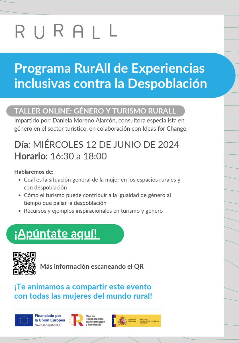 Ideas_4_Change's tweet photo. Explorando la realidad de las mujeres en el ámbito rural: ¿Cómo puede el #turismo promover la #igualdad de género?
Únete al webinar "#Género y Turismo #RurAll" liderado por Daniela Moreno Alarcón.
🗓 Fecha: 12 de junio de 2024
🕘 Hora: 16:30h - 18:00h
https://t.co/MQ57YRhGBV https://t.co/cLGt64nBvO