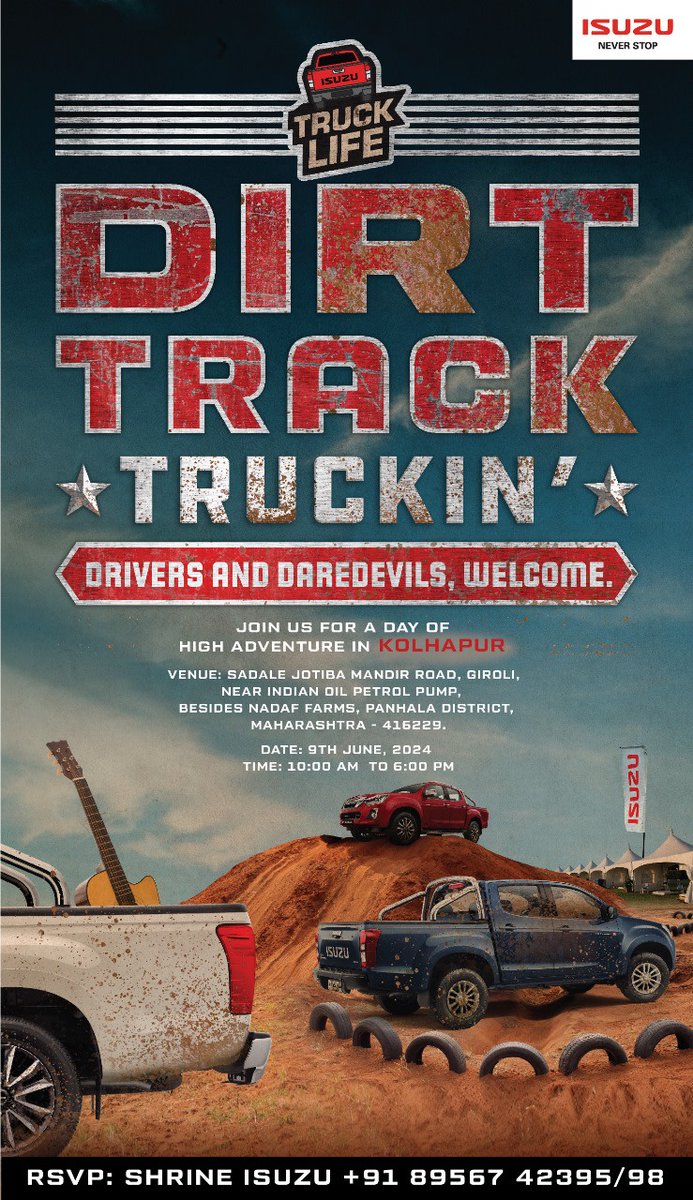 Here’s calling all adventure daredevils! Kick-up dirt, as you immerse yourself in an adrenaline-fueled adventure with fellow thrill-seekers, experience India’s first adventure utility vehicle at ‘Dirt Track Truckin’ Kolhapur.
#IsuzuMotorsIndia #TheTruckLife #WelcometoTheTruckLife