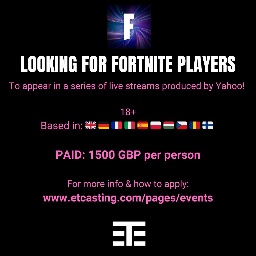 CALLING ALL FORTNITE PLAYERS!!  
We are currently looking for players 18+ to appear in a series of live streams produced by Yahoo in partnership with a global snack brand!  
For more info &amp; to apply: etcasting.com/pages/events 

#fortnite #twitchgamer #youtube #gaming