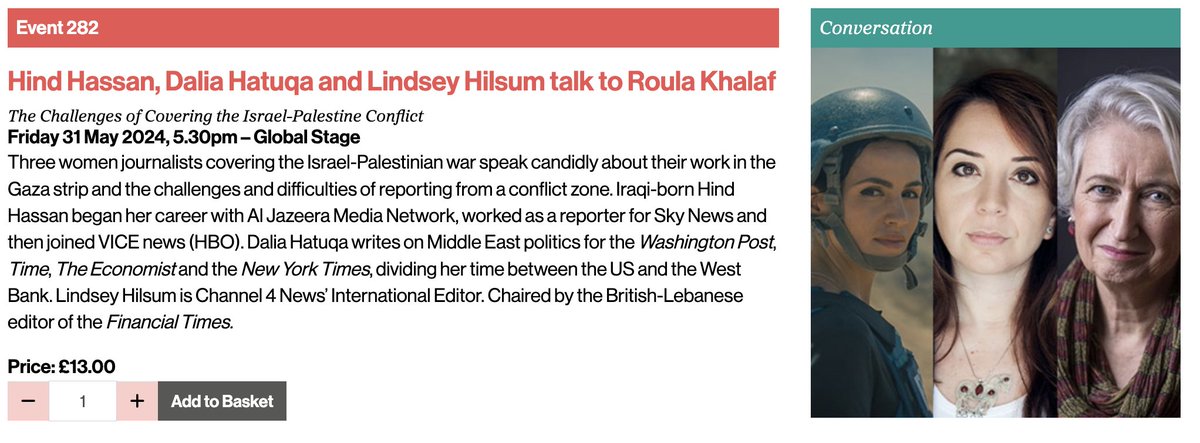 📢Three #MCJN community members will be on stage today at 📍@hayfestival to discuss the challenges & difficulties of reporting from a conflict zone, and specifically in Gaza. 🎙️@lindseyhilsum (MCJN co-founder), @HindHassanNews (MCJN mentor) & @khalafroula (MCJN mentor).