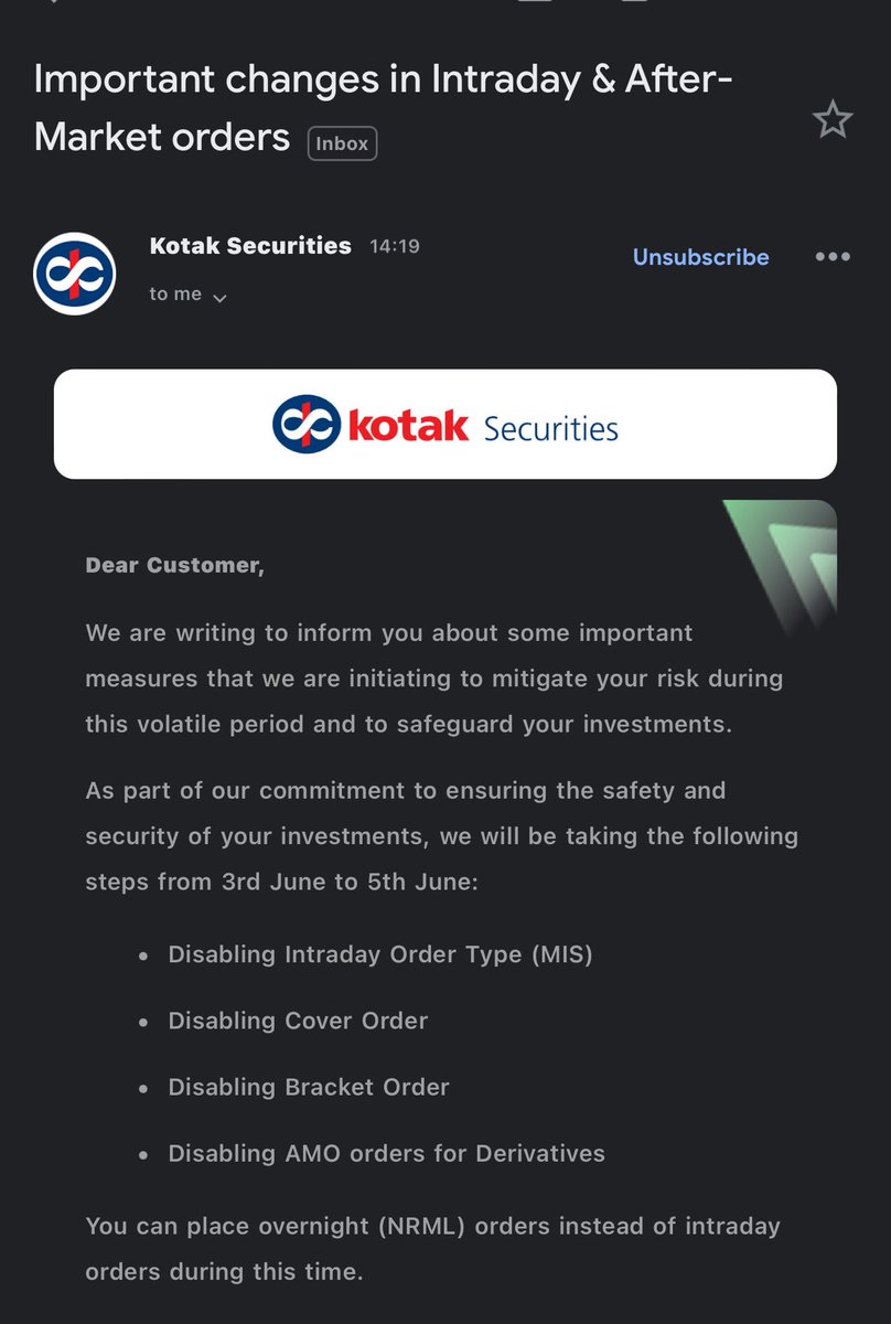 Ojas2811's tweet photo. Kotak securities bans INTRADAY for 3 days (3rd June to 5th June) saying this is to curb volatility. 

I don’t do intraday, so doesnt bother me but it is quite questionable and I don’t know if it’s legal to curb speculation in markets? 

Free and fair trade should be the underlying principle. How can you prohibit people? By that logic @SEBI_India should shut the markets down whenever there’s a sensitive event around? 

Tomorrow Kotak may decide to “auto liquidate” all outstanding positions via such a circular. Banana Republic? @KotakBankLtd 

Also they want people to use “normal” order type to buy and sell something on the same day, (for these 3 days) which means 10x profit margins for them, because the brokerage is significantly high on normal delivery order types. 

So basically is this one of those gimmicks to make “MORE” money in the name of risk management ?

@kotakneo