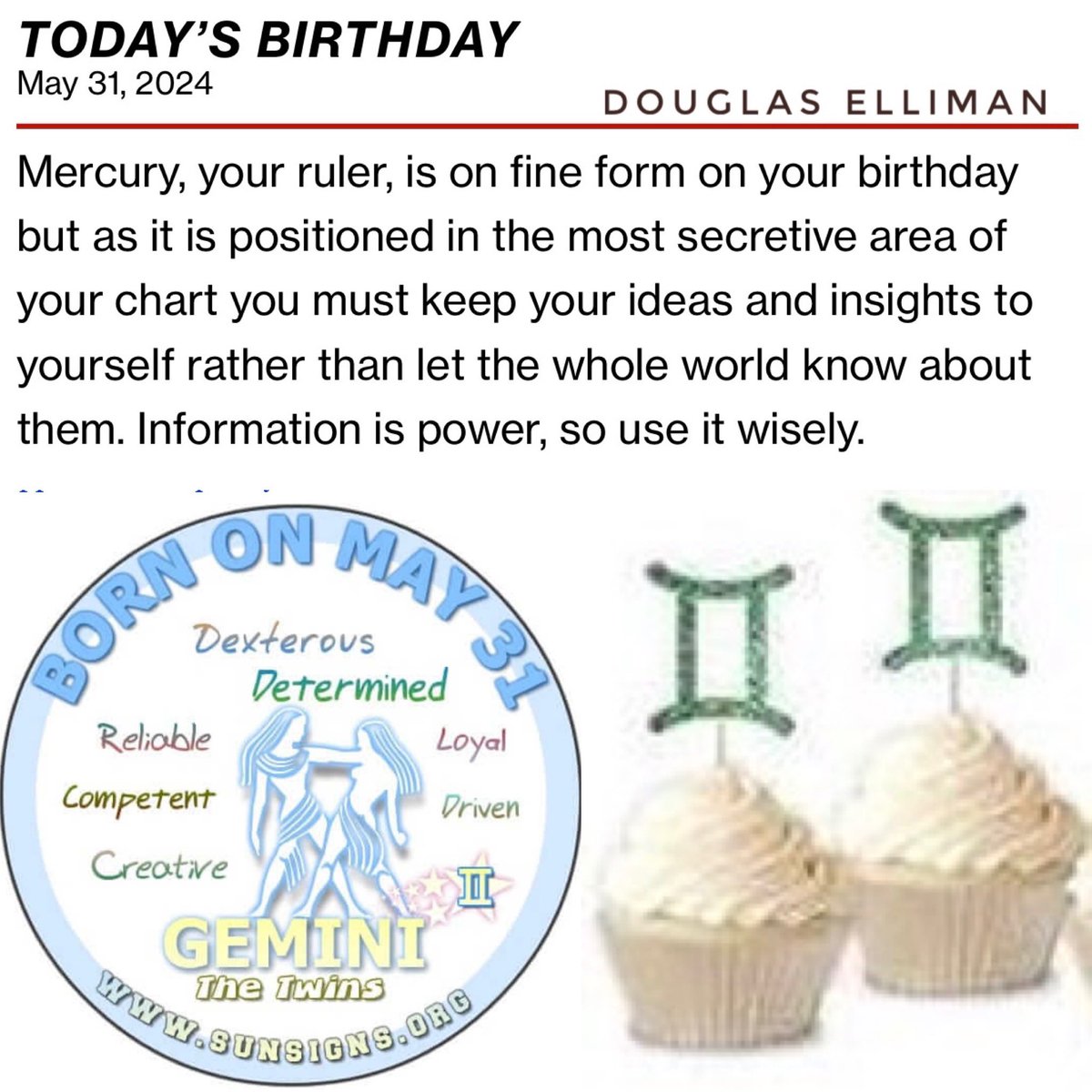 For everyone celebrating a #Birthday today, #May31st , check out your Horoscope & enjoy your special day! ♊️ 👯🎉🎈🎂🎊🎁🥂🍾👏🏻👏🏻👏🏻👏🏻👏🏻#happybirthday #Gemini #Horoscope #happybirthdaytoyou #HappySpring #HappyMonthOfMay
@DouglasElliman 

facebook.com/share/r/irwaNP…