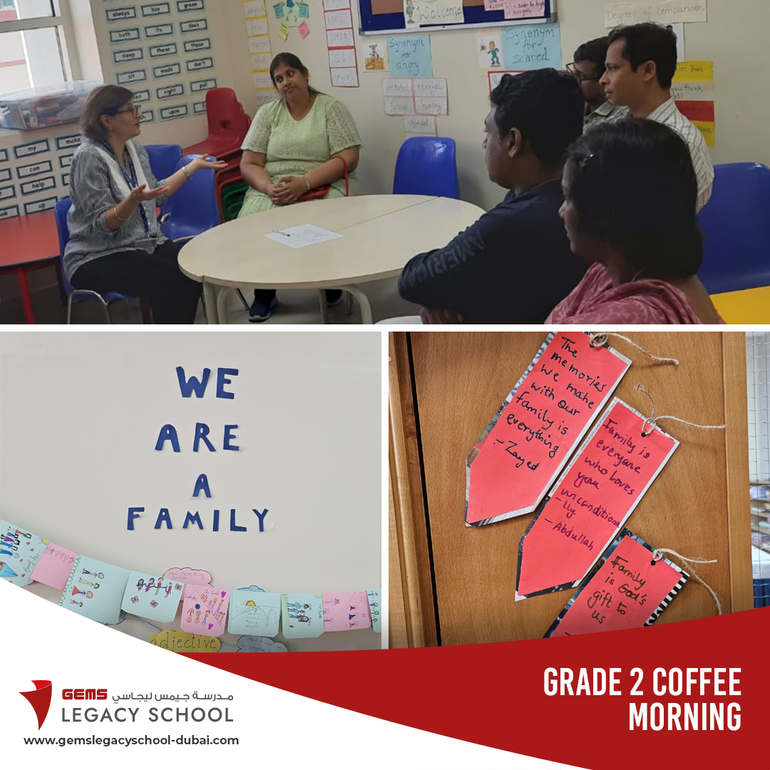 'Teachers have three loves: love for learning, learners, and the love to bring both together.' The EAL team hosted a coffee morning for parents, showcasing 'My Family' cards and bookmarks made by students.
#GEMSLegacySchool #GEMSEducation #KHDA #FamilyFIrst