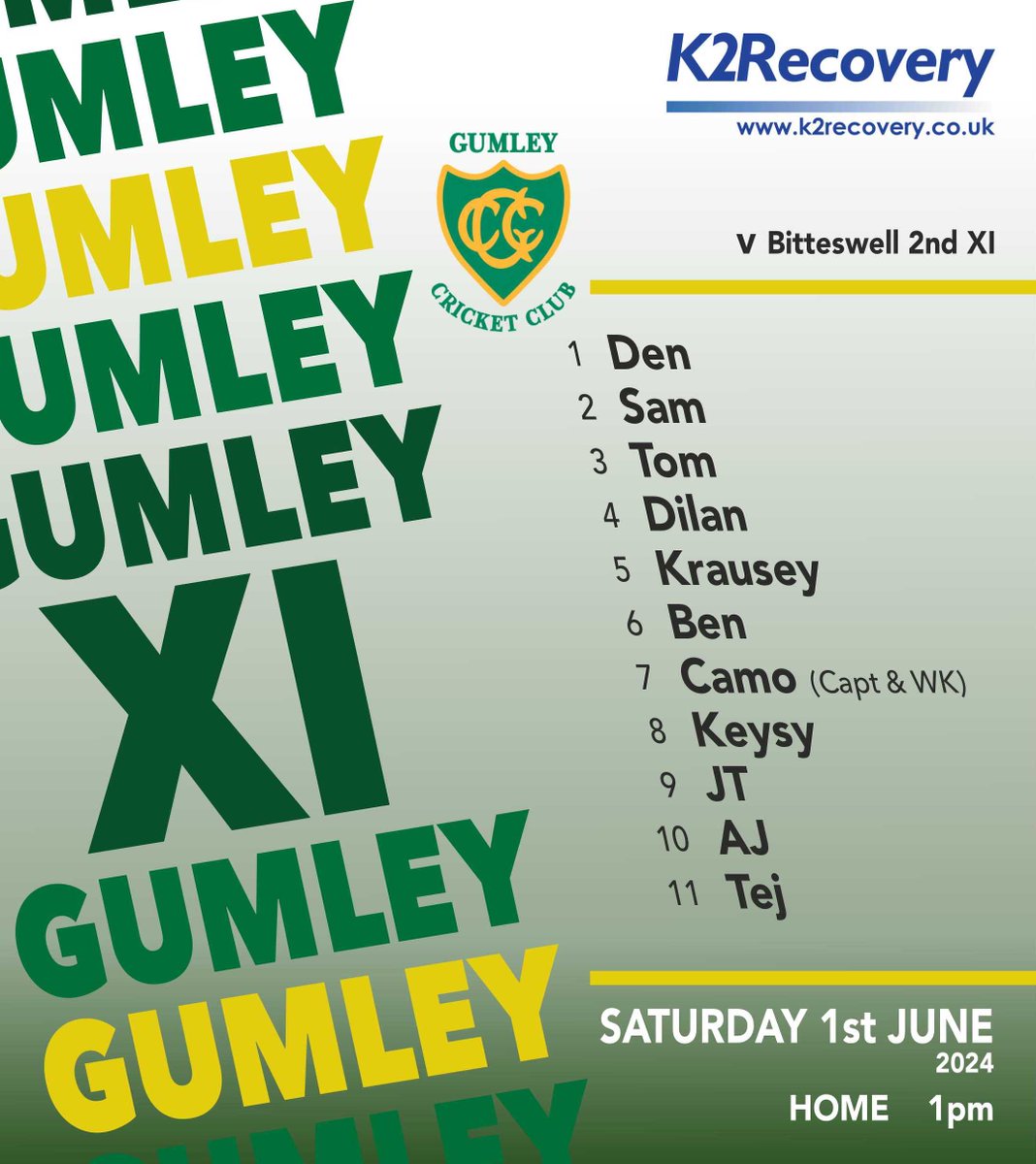 Gumley Cricket Club (@gumleycc) on Twitter photo Our team, sponsored by <a href="/K2Recovery/">K2 RECOVERY</a> , to host <a href="/BitteswellCC/">Bitteswell CC</a> at the Top this Saturday. Play well, play straight, play for the ππ Our team, sponsored by <a href="/K2Recovery/">K2 RECOVERY</a> , to host <a href="/BitteswellCC/">Bitteswell CC</a> at the Top this Saturday. Play well, play straight, play for the ππ