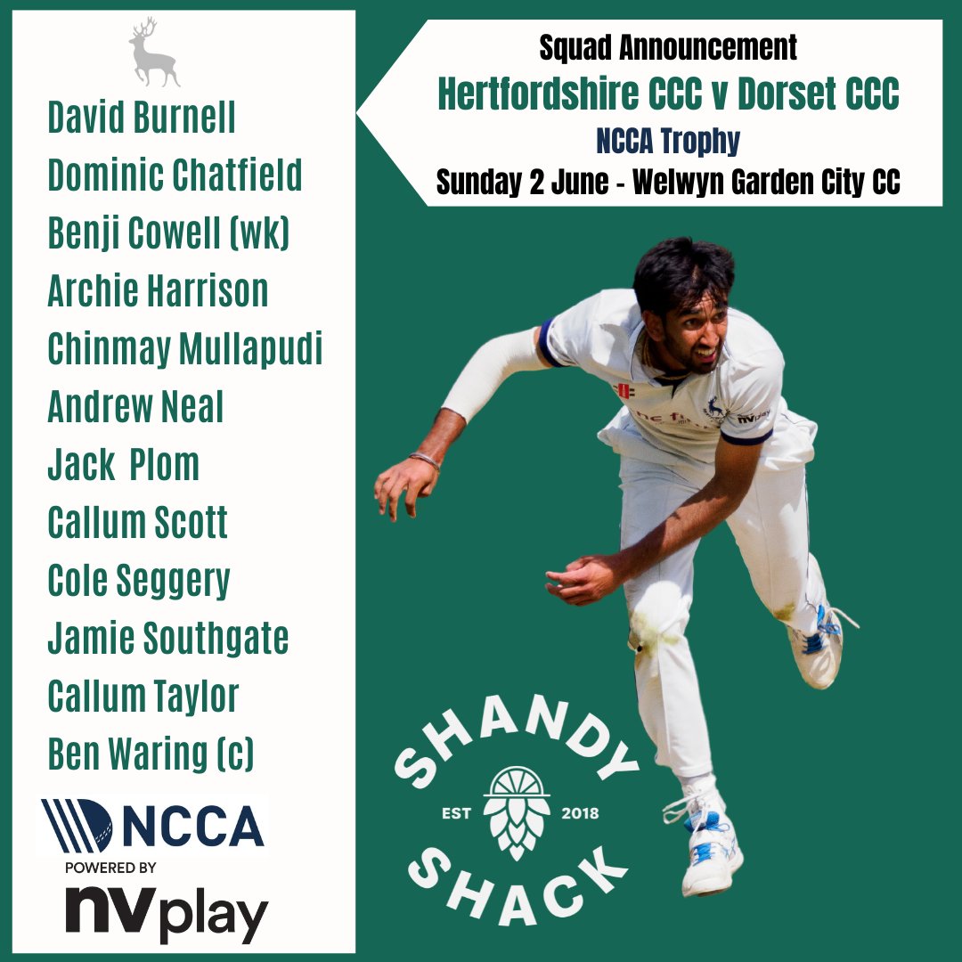 🫎Squad Announcement:

@HertsCCC have named a 12 man squad to take on @DorsetCricket  in the @NCCA_uk 50 Over Trophy

📅 Sunday 2nd June
🧭 @WelwynBees 
🕚 11am Start

🟩⬛️ 
#greenandbalck
#moose 
@shandy_shack 
@nvplaycricket