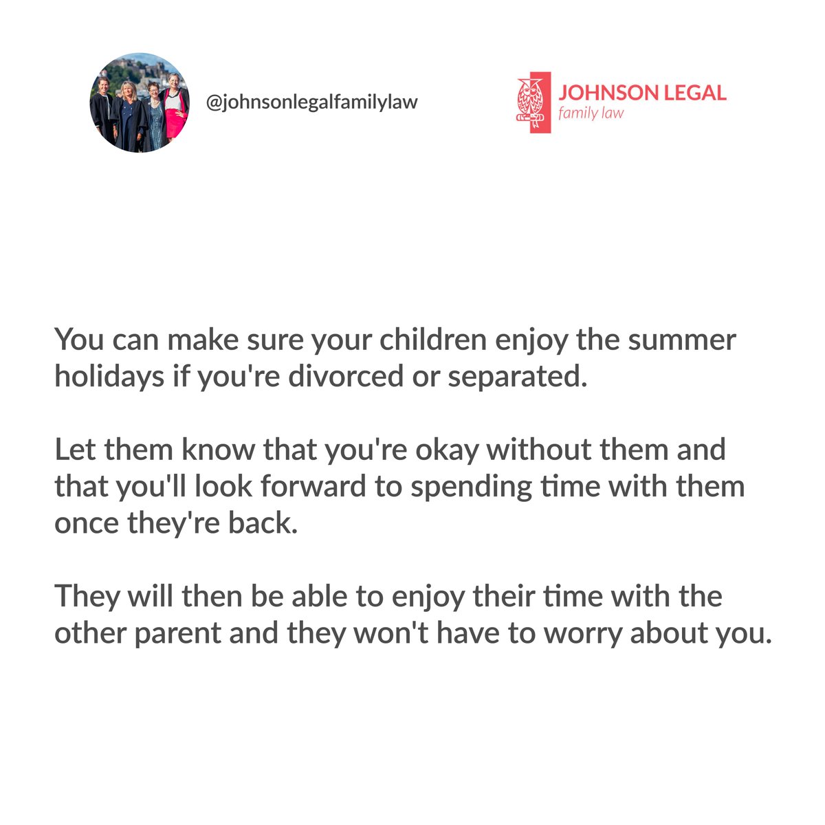 If you're worried that your children won't be able to enjoy the summer holidays because of your divorce or separation - here's a top tip ☀️

#johnsonlegal #familylaw #edinburghfamilylawyer #separation #childcontact #holiday #summer #divorce #children #edinburgh #uk #legaladvice