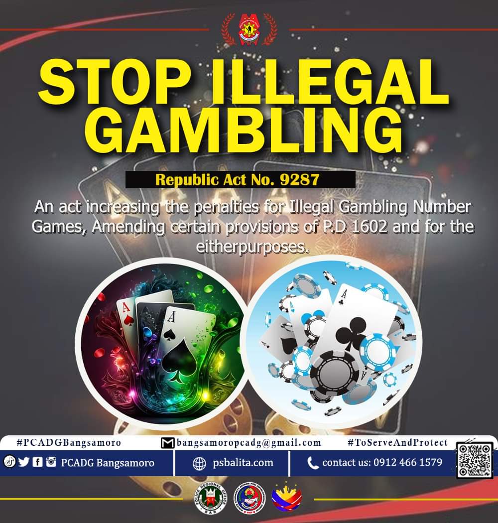 STOP ILLEGAL GAMBLING❗❗

Republic Act No. 9287
-An act increasing the penalties for Illegal Gambling Number Games, Amending certain provisions of P.D 1602 and for the eitherpurposes.

#BagongPilipinas 
#ToServeandProtect 
#PCADGBangsamoro