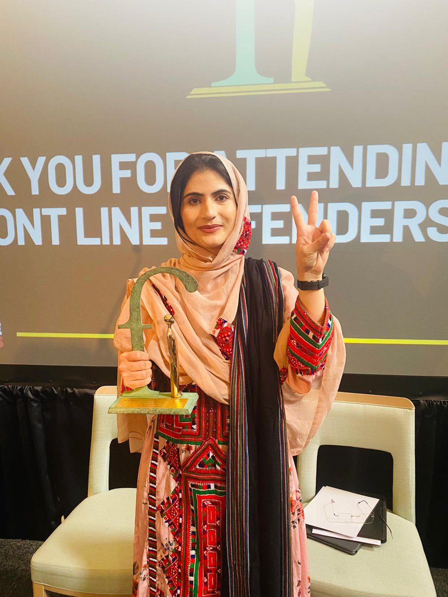 SammiBaluch's tweet photo. I am deeply honoured to receive the Front Line Defenders 2024 Award for Asia at today's ceremony in Dublin, Ireland. I am profoundly grateful to Front Line Defenders for recognizing my fifteen-year struggle against enforced disappearances and human rights violations in Balochistan, Pakistan.
I dedicate this award to Baloch women, especially those whose loved ones have been forcibly disappeared or killed extrajudicially. I hold the utmost respect for their tireless struggle. I also share this award with human rights activists across the world who are fighting for human rights and dignity, truth and justice.

Since the enforced disappearance of my father, Dr. Deen Mohammad, in 2009, I, at the age of 10, began protesting for his safe release and to know about his whereabouts. My family and I have spent the past fifteen years seeking justice, yet my father’s whereabouts and safety remain unknown to this day.
Through this struggle, I realized that the pain and oppression our family faces is shared by thousands of other families in Balochistan and other regions of Pakistan. 
My life has been shaped by attending protest camps, visiting press clubs, and organising rallies, demanding an end to the inhuman practice of enforced disappearances and the release of all missing persons, including my father.
Like any other victim's family, I grapple daily with hope and despair. Each night I sleep with a sense of hopelessness, but every morning I wake with renewed resolve to continue the fight.
Enforced disappearances are among the worst crimes against humanity. They strip individuals of their basic human rights, dignity, family life, and the right to a fair trial. This collective punishment leads to collective trauma and suffering.
I will continue to fight for the safe release of all the missing persons including my father. Alongside my fellow human rights defenders, Baloch women, and the families of missing persons, I will continue to demand justice for the victims and their families. I will persist in my peaceful struggle against enforced disappearances and fight for the release of all missing persons.

Lastly, I am thankful to everyone my family, friends and colleague who has supported me on this journey and especially the enforcedly disappeared victim families who hoped and believed in me. Together, we can safeguard human rights and resist state oppression.